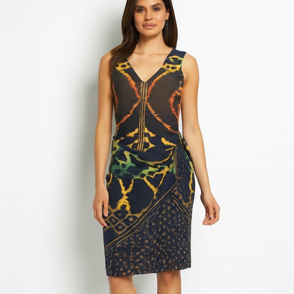 Donna Morgan Tribal V-Neck Print Draped Sheath Dress Size 6